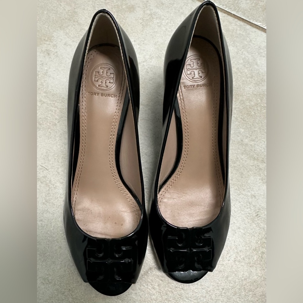 Black Patent Leather Tory Burch Lowell Peep-toe Wedge
